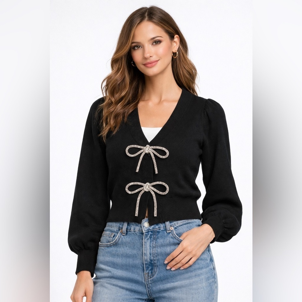 Belldini Rhinestone Bow Accent Cardigan